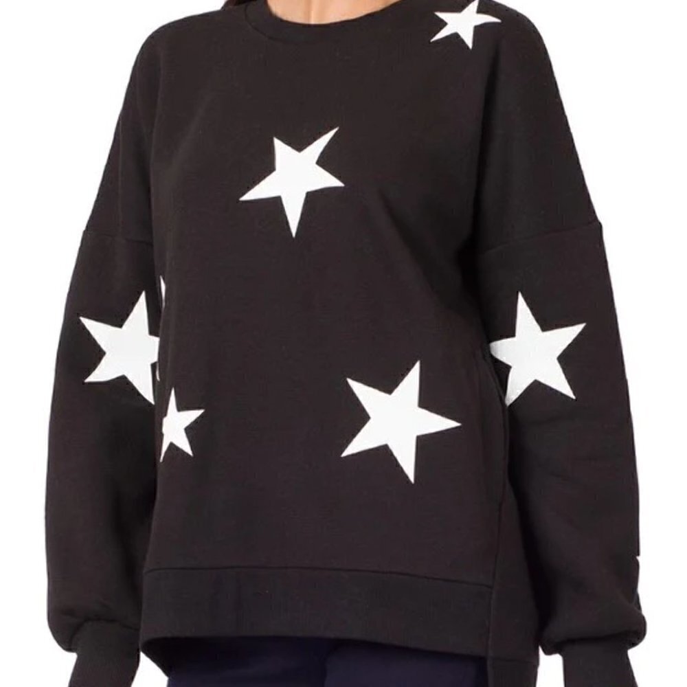Zenana Women's Sz Small Star Print Hi-Low Sweatshirt Black White Pockets Stretch